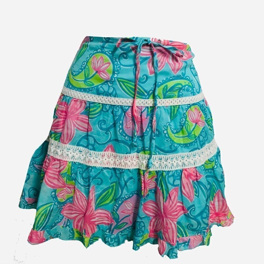 Lilly Pulitzer Crochet Floral Lace Drawstring Skirt Blue SM